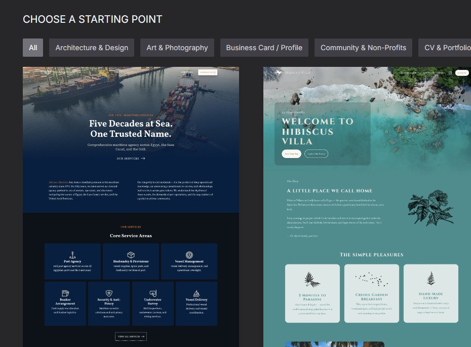 The siteSPARK template chooser, with category tabs across the top and a grid of starting templates.