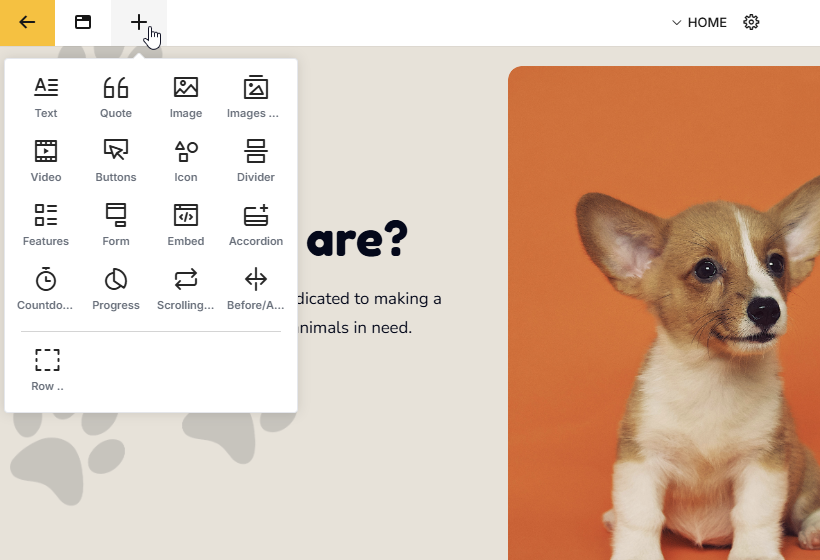 The siteSPARK block menu open, dragging a block onto the page.