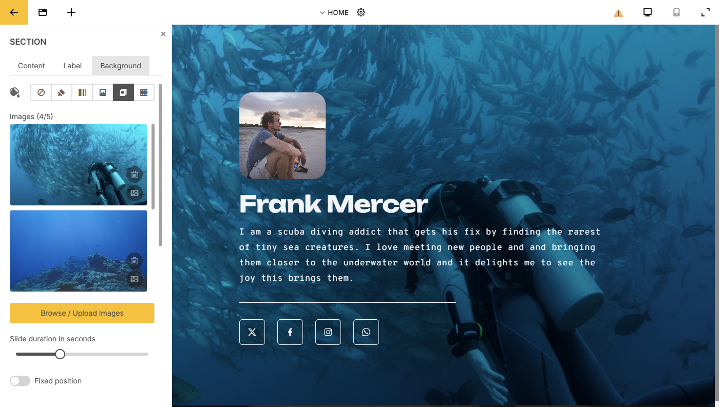 The siteSPARK editor open on a live page, with the colour-scheme and preset panel down the left edge.