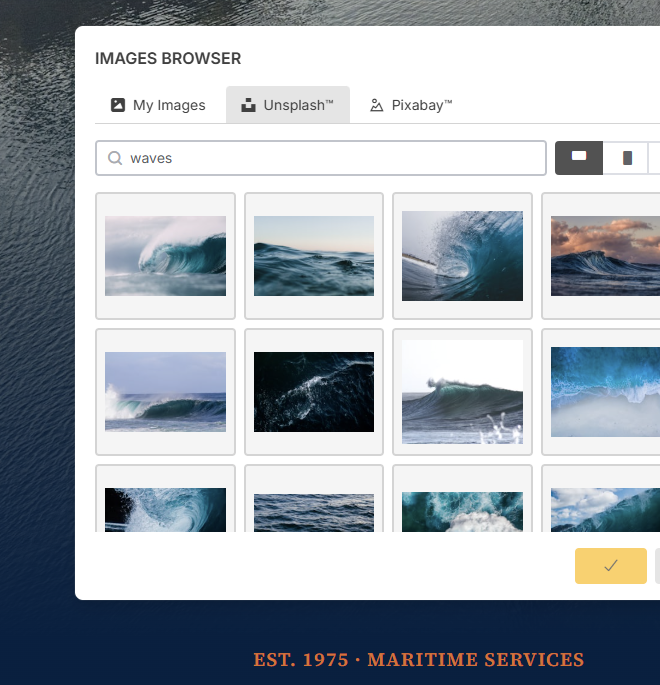 The siteSPARK media browser open with Unsplash and Pixabay, picking an image to drop on the page.
