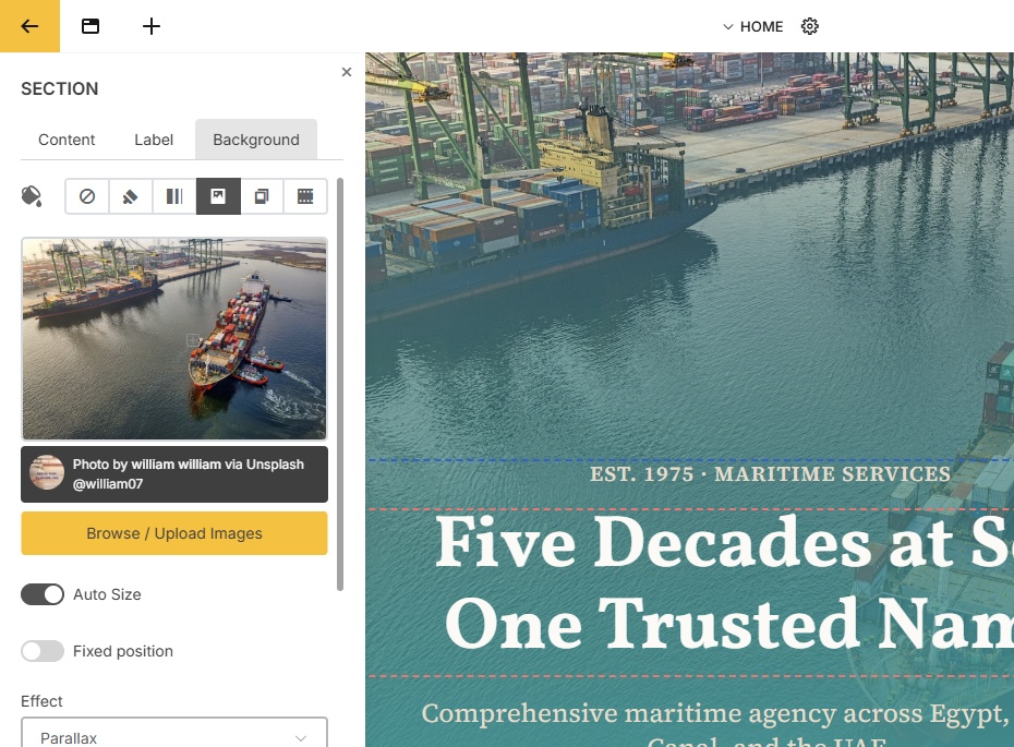 A siteSPARK section being edited, with the background, effect and opacity controls open in the left panel.