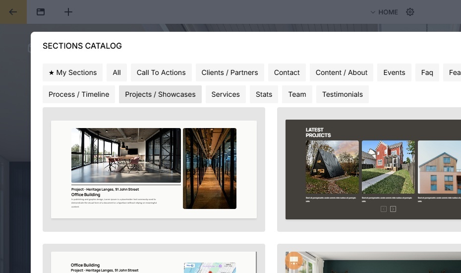 The siteSPARK block menu open over a page, listing blocks like Text, Quote, Image, Video, Buttons, Form, Icon, Features, Embed, Accordion and more.