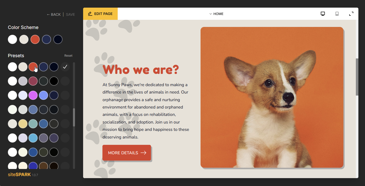 The siteSPARK colour-scheme panel, applying a palette across the whole site.