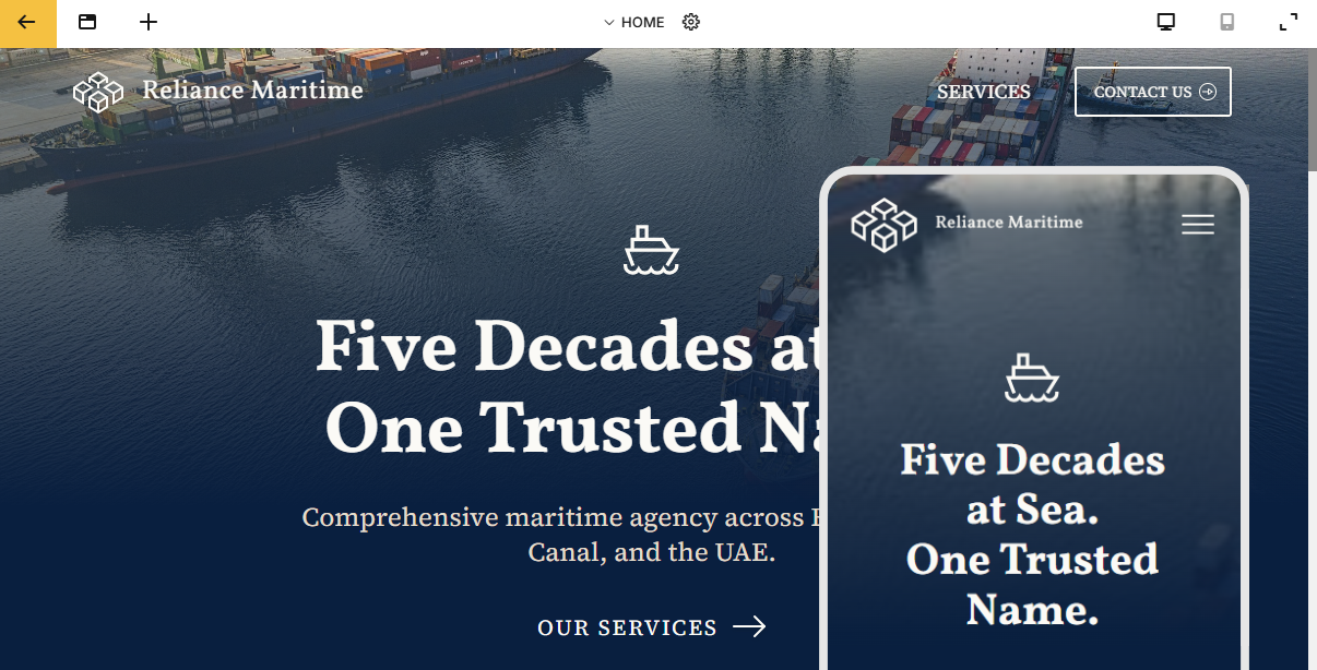 The siteSPARK editor switching between desktop, tablet and phone previews of the same page.